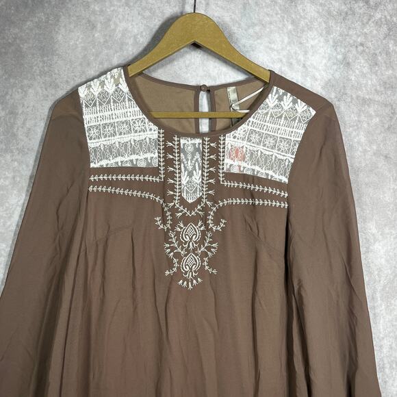 Entro Tunic Top Womens Size Small Brown White Lace Embroidered Boho Festival NEW - Picture 2 of 9